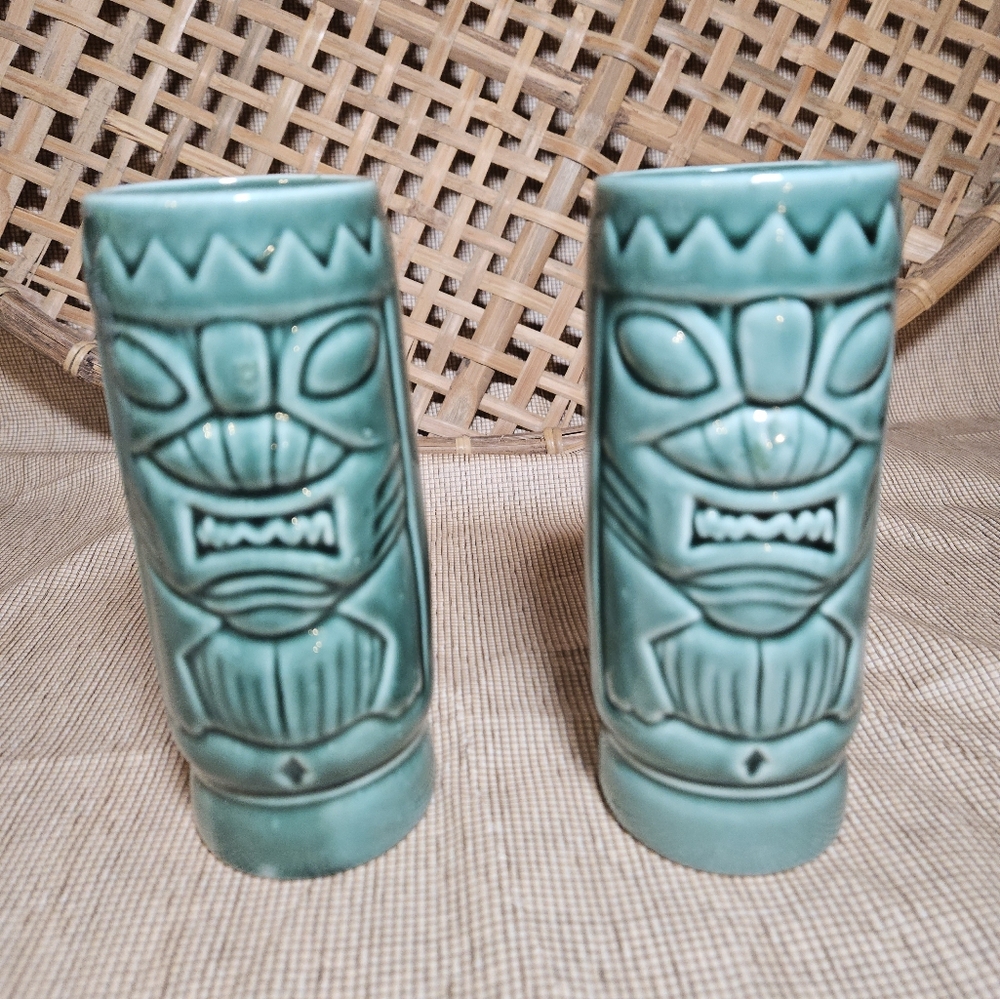 Vintage MCM Ceramic Blue Turquoise Green Tiki Tall Mug Cup Glasses Set 2 DW113